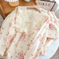 Autumn V-Neck Floral Lingerie For Ladies Pajama Sets Sleepwear Women's Nightie Pyjamas Female Underwear Nighty Home Suit