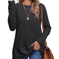 2024 Cross-border Pop-up Round Neck Brushed Pit Stripes Solid Color Top Long Sleeve T-shirt for Women's Clothes Fashion T Shirts
