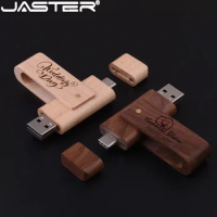 JASTER Rotatable Wooden USB Flash Drives 128GB 2 in 1 TYPE-C Pen Drive 64GB Free Custom Logo Memory stick 32GB Creative gift