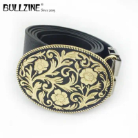 Bullzine zinc alloy western flower belt buckle free PU belt with connecting clasp gold finish FP-02590-2 drop shipping
