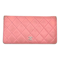 【二手名牌BRAND OFF】CHANEL 香奈兒 粉色 羊皮 菱格紋 雙折長夾