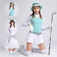 SWAN LOVE GOLF Knitted Sport Vest Long Sleeve Shirt Anti-empty Golf Pleated Skirt Ladies High Waist Short Skort V-neck Waistcoat