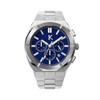 【KLEIN 荷蘭克萊恩】強悍系列銀藍三眼計時日期顯示不鏽鋼腕錶-附限量天然火山石手環