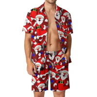 Christmas Men Sets Santa Claus Casual Shorts Summer Fashion Beachwear Shirt Set Short Sleeve Printed Big Size Suit Gift Idea