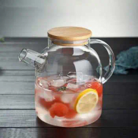 Teko Pitcher Kaca Tutup Kayu Teh Teapot Maker Borosilicate 1.6L Tahan Panas Api Aesthetic Korea Kor