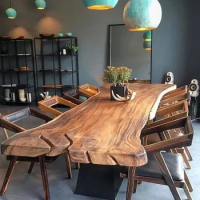 New 2024 Fashion Industrial Natural Shape Top Live Edge Walnut Large Rustic Wood Restaurant Dining Table