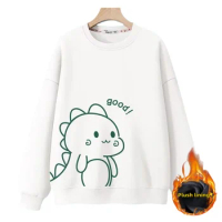 Round Neck Plush Women's Sweatshirt Dinosaur Graphic Print Sweatshirt Autumn Tops Casual Female Clothing Anime Hoodies Women's