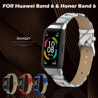 SinHGeY Leather Strap For Huawei Band 6 Honor Band 6 Strap Printing Replacement Wristband