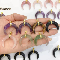 Exquisite Women Jewelry Crescent Shape Natural Rose Quartzs Amethysts Crystal Moon Stone Necklace Pendants MY220745