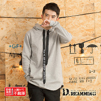 Dreamming 寬繩印花圓弧下擺刷毛連帽休閒長T 素面 迷彩-共三色