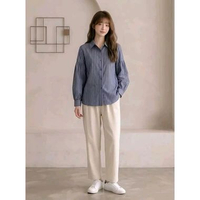 Kemeja salur wanita korean style/kemeja garis-garis hijab style kekinian-JISSO TOP Biru