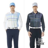 【Lynx Golf】男款遠紅外線功能負離子羅紋配色領滿版線條排列印花長袖POLO衫(二色)