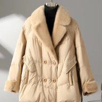 2023 Mink Fur Collar Fur Coat for Women's Fashion Mid Length Winter New Goose Down Coat