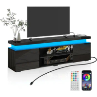 Hlivelood LED TV Stand for 75 Inch , Modern with Power Outlet, High Gloss Console Entertainment Center Storag