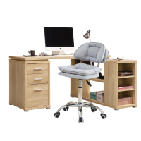 【AT HOME】書桌椅組-5尺淺木色L型三抽收納書桌/電腦桌/工作桌+升降椅 現代簡約(康迪仕)