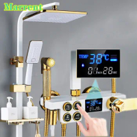 Thermostatic Shower System White Gold Hot Cold Bathroom Faucet Rainfall Shower Head White Gold Digital Bathroom Shower Set