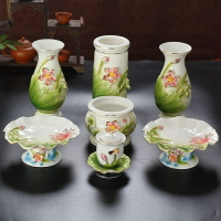 供佛套裝 供佛花瓶  花瓶 供水杯 供盤 神明花瓶 神桌花瓶 拜拜花瓶佛教無字 菩薩浮雕描金香爐 供水杯供花瓶白蓮花