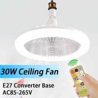 30W Ceiling Fan with Light Modern Bedroom Kitchen Ceiling Light Fan E27 Converter Base Ceiling Fan w/Remote Control AC85-265V