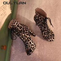 Oulylan Fashion Summer Women's Boots Lace up High Heel Fish Mouth Cool Dance Shoes Sexy Leopard Thin Heel Pointed Casual Sandals