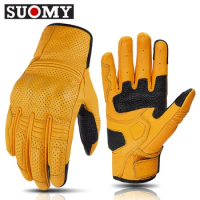 SUOMY Retro Leather Motorcycle Gloves Men Waterproof Motocross Full Finger Protective Moto Gloves Summer Breathable WIindproof
