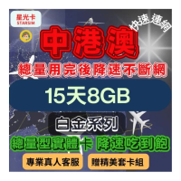 【星光卡 STAR SIM】白金中港澳上網卡15天8GB總量 用完降速吃到飽(旅遊上網卡 中港澳 網卡 日本網路)