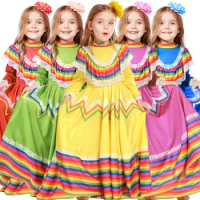 Girls Amazing Jalisco Traditional Guadalajara Mexican Folk Dancer Costume 5 Colors Mexico Dress Lace Kid Children