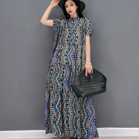 XITAO Chiffon Print Dress Fashion Vintage Stand Collar Loose Women Simplicity Contrast Color Dress 2024 Summer New WMD6466