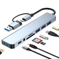 Pembahagi Hub USB Type-C 8-dalam-1 Aluminium, dengan 1 x USB 3.0, 3 x USB 2.0, dan 1 x USB C, pembac
