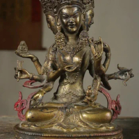 Rare old copper Love Buddha with three faces and six arms buddha statue, 21cm(H),Free shipping
