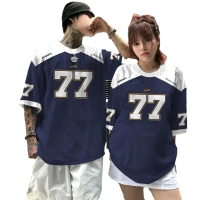 Jersi Hiphop77 Amerika, Pakaian Sukan dan Kasual Luaran, Leher Bulat, Longgar, Lengan Pendek, Baju-T