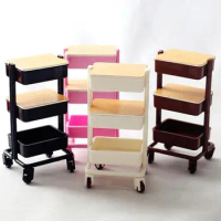 Toy Three Layers Kitchen Shelf Dining Trolley Miniature Furniture With Wheels Dollhouse Cart With Woodboard Storage Rack