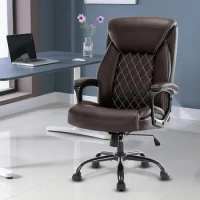 High Back Ergonomic Executive Office Chair with Fixed Armrests - Black Leather Office Chair with Brown Padded Armrests - Office