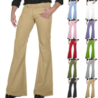 Men'S Retro Disco Flared Pants Slim Fit Stretch Vintage Trousers Comfortable Solid Color All-Match Button Twill Men'S Trousers