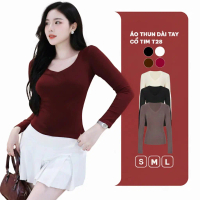 Áo Thun Nữ Cổ Tim Dài Tay Ôm Body JUSTDUN T28, Cotton Mềm Mại, Giữ Nhiệt, Co Giãn 4 Chiều Thoải Mái 
