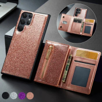 Detachable Glitter Leather Phone Wallet Case Stand For Samsung Galaxy S23 S22 S21 Plus S20 FE,Note 20 Ultra Rose Card Flip Cover