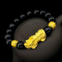 999 24k Real Gold Pixiu Obsidian Red Agate Bracelet Bracelet Transfer Bead Bracelet 24K Gold