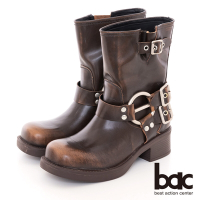 【bac】西部牛仔靴皮帶釦騎士中筒短靴-棕色