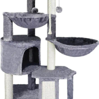 Three Layer Cat Tree with Cat Condo and Two Hammocks,Grey Size 37.4"