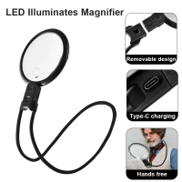 มัลติฟังก์ชัน ชาร์จซ้ำได้ แว่นขยายแบบคล้องคอ พลังงาน USB-C 36 หลอด LED แว่นขยายสำหรับอ่านหนังสือ ยืด