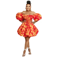 African Print Dresses for Women Summer Elegant African Off Shoulder Short Puff Sleeve Mini Birthday Evening Gowns African Dress