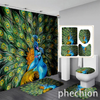 New 3D Print Animal Peacock Shower Curtain Waterproof Bathroom Curtain Anti-slip Bath Mat Set Toilet Rugs Carpet VR56