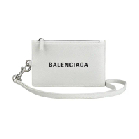 【Balenciaga 巴黎世家】BALENCIAGA LOGO拉鍊小牛皮掛繩零錢卡片包(白)