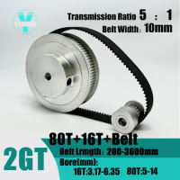 2GT 2M 80Teeth 16T GT2 16Teeth 80T Timing Belt Pulley Set Belt Width 10mm Bore 3.17~14mm 5:1 Wheel Synchronous Pulley Belt Kit