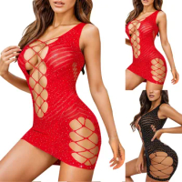 Women Sexy Bodycon Mesh Porn Dresses Erotic Lingerie Hollow Out See-Through Fishnet Mini Dress Porn Costume Elastic Nightdress