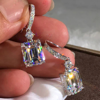 Custom Solid 10K White Gold Women Drop Clip Earrings Hook Moissanite Diamonds Emerald Rectangle Wedding Engagement Anniversary