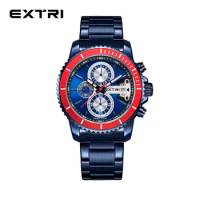 Extri Men’s Watches Brand Big Sport Original Watch Luxury Men Classic Steel Quartz Wrist Watches Chronograph Blue Color Clock