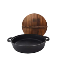 Cast Iron Cooking Frying Pan with Wooden Lid, Cake Pan, 28cm