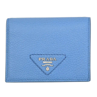 【PRADA 普拉達】經典三角LOGO荔枝牛皮對折零錢短夾(藍)