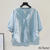 【ACheter】棉薄款襯衫側開叉前短後長五分袖寬鬆休閒短版上衣#121160(白/粉紅/藍)