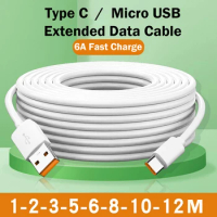 Micro USB Cable 1M 2M 3M 5M 8M 10M 12M Type C 6A Fast Charge Equipment Universal Data Cable for iPhone 15 Samsung Camera PS5 VR